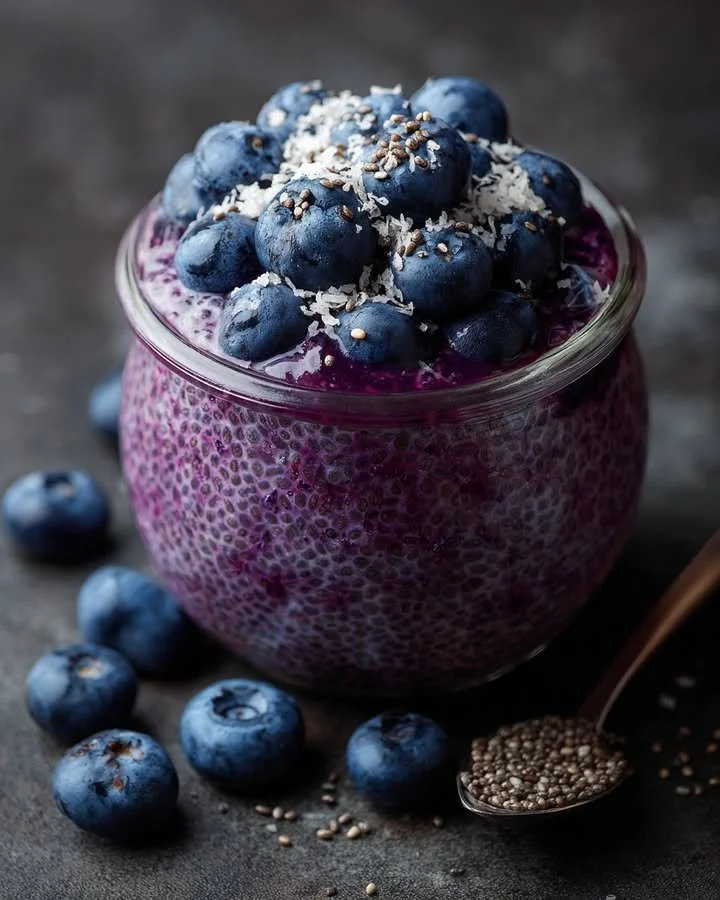 Delicious blended blueberry chia pudding topped with fresh berries.