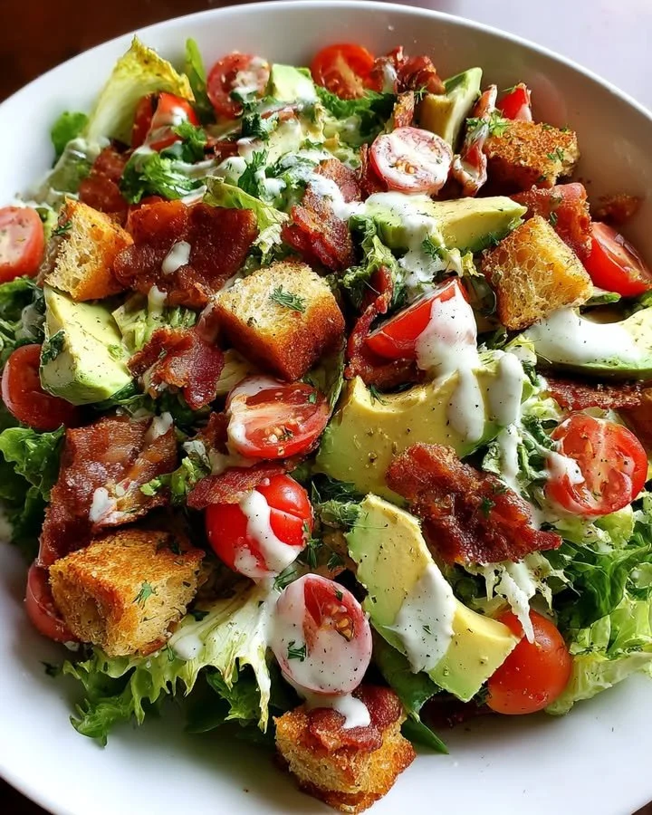 BLT Salad with avocado and buttermilk ranch dressing on a plate