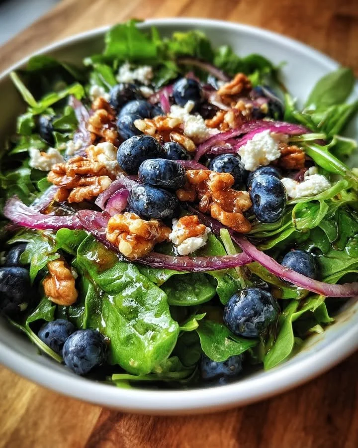Blueberry arugula salad topped with feta cheese and fresh ingredients