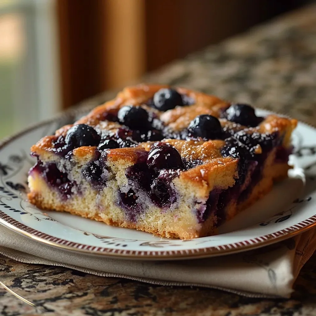 Blueberry buttermilk breakfast cake served on a plate with fresh berries