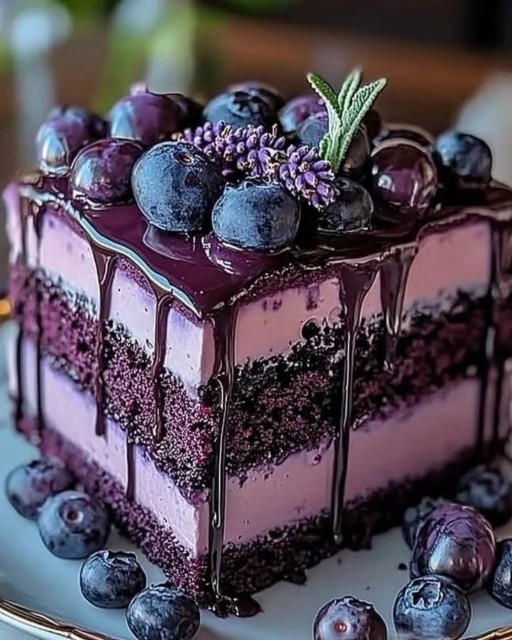 Blueberry Chocolate Lavender Dream Cake topped with berries and lavender flowers