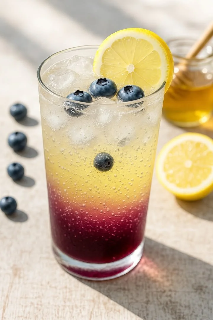 Blueberry Citrus Fruit Soda in a glass with fresh blueberries and citrus slices