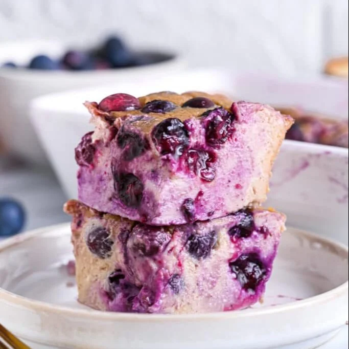 Blueberry Cottage Cheese Breakfast Bake in a dish, ready to serve.