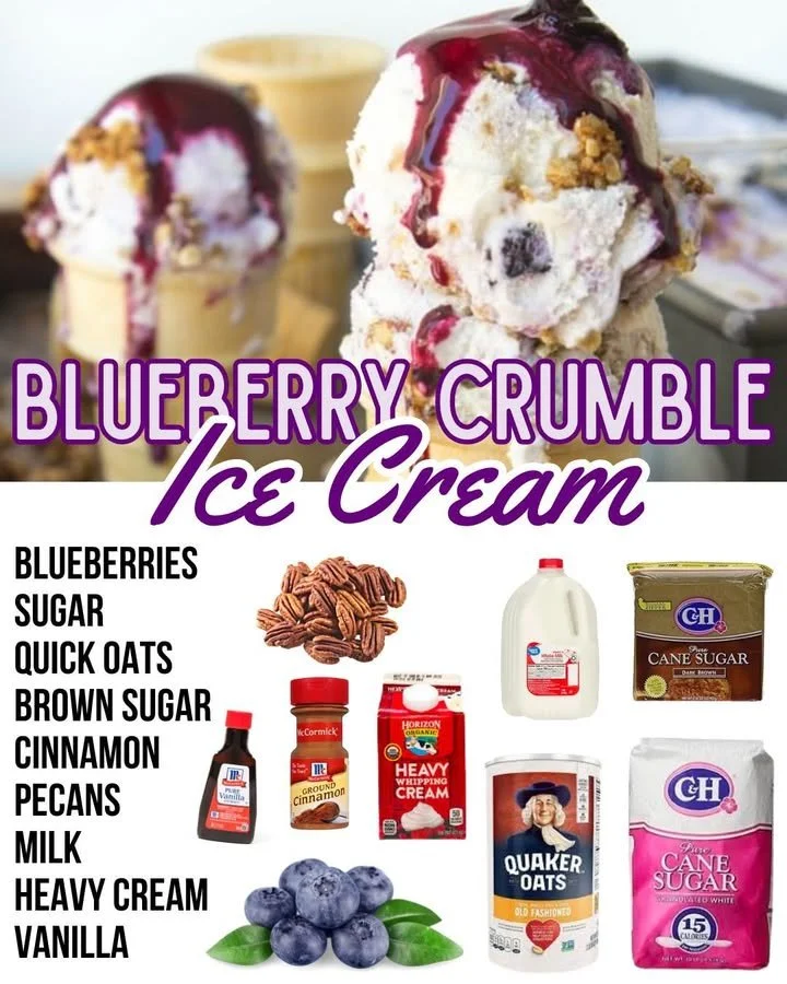 Delicious blueberry crumble ice cream topped with crumbly layers and fresh blueberries.