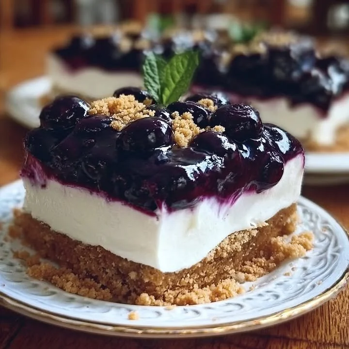No-bake Blueberry Delight dessert topped with fresh blueberries