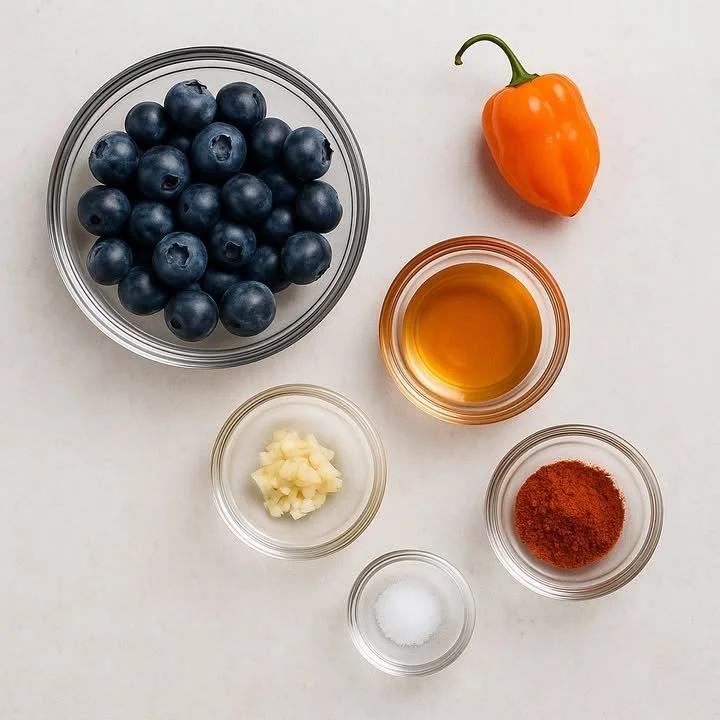 Homemade Blueberry-Habanero Sauce in a glass jar with fresh blueberries and habanero peppers.