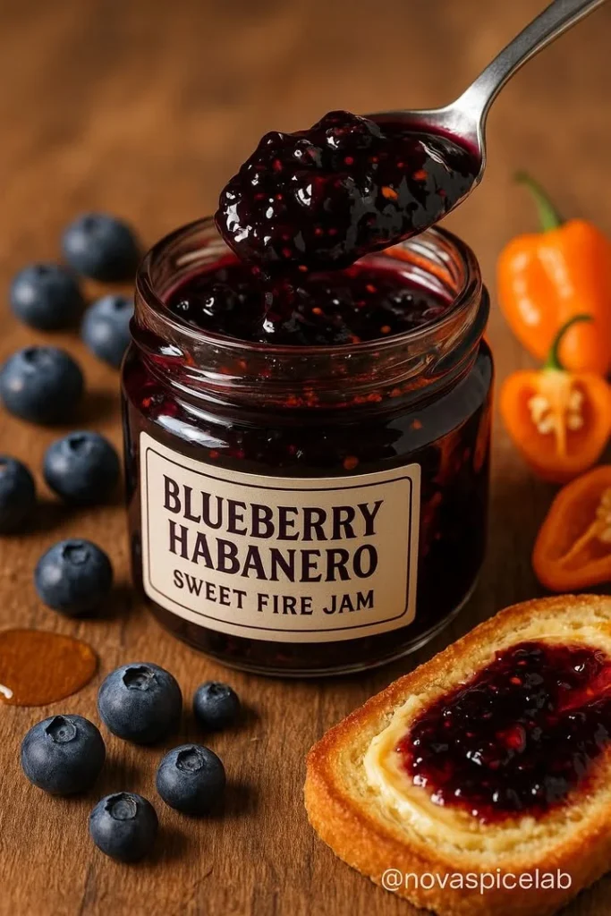 Jar of Blueberry Habanero Sweet Fire Jam showcasing a vibrant color and rich texture.