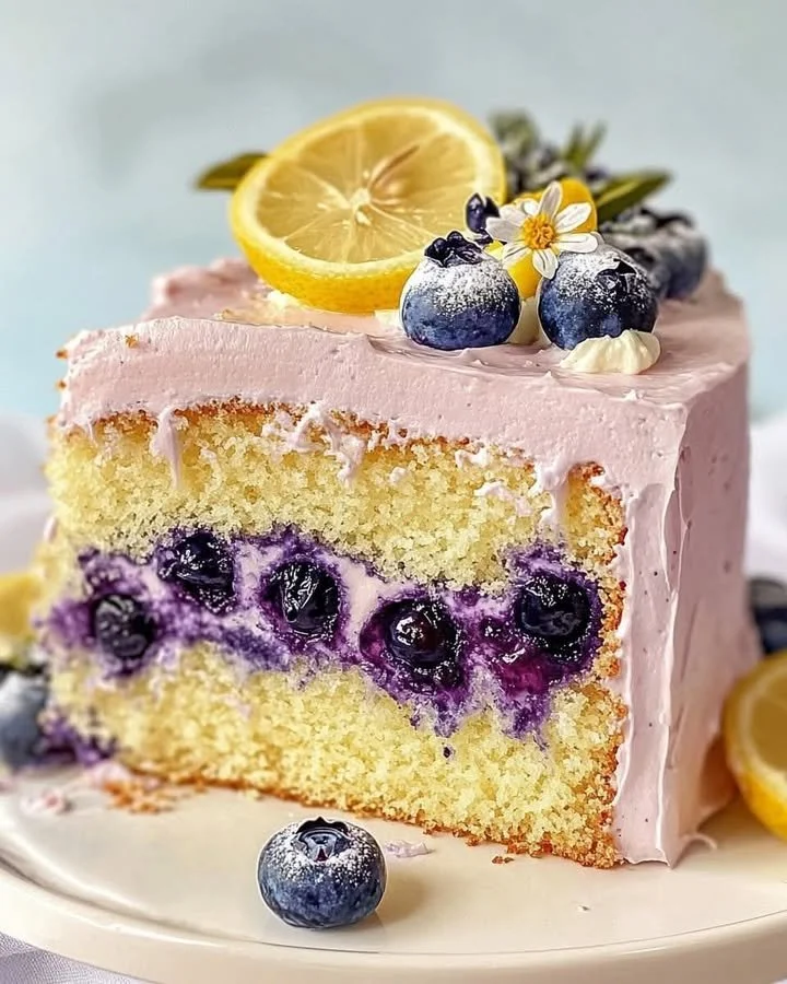 Blueberry Lemonade Buttermilk Cake on a white table with fresh blueberries