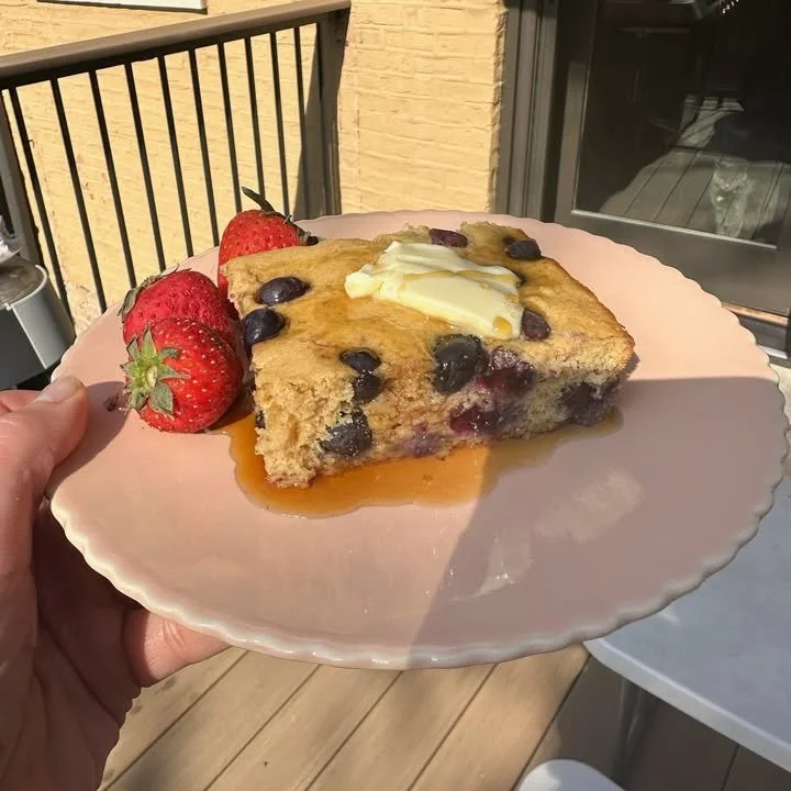Delicious blueberry protein pancakes served as a breakfast cake
