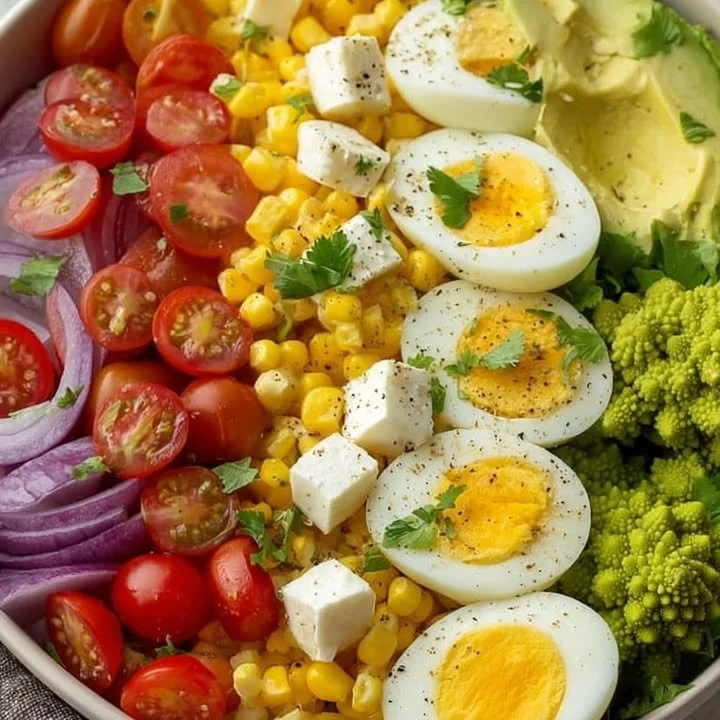 Boiled egg and avocado veggie salad bowl, a healthy and colorful dish