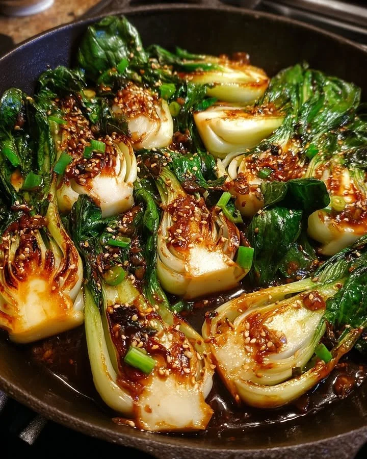 Bok Choy with Garlic and Hoisin Glaze garnished and ready to serve.