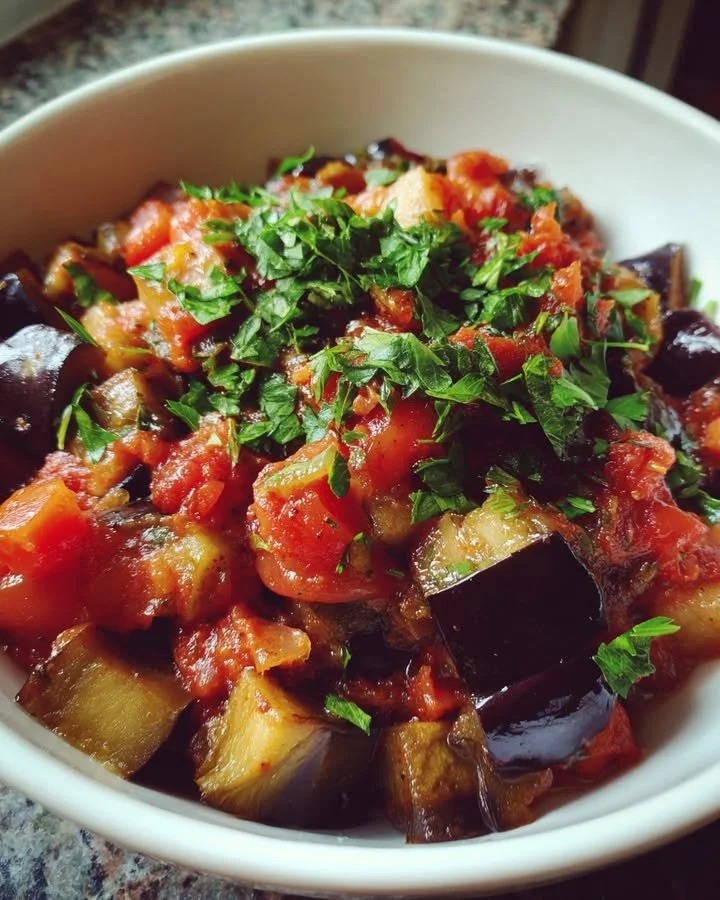 Delicious braised eggplant with tomatoes and garlic served in a bowl.