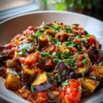 Delicious braised eggplant with tomatoes and garlic served in a bowl