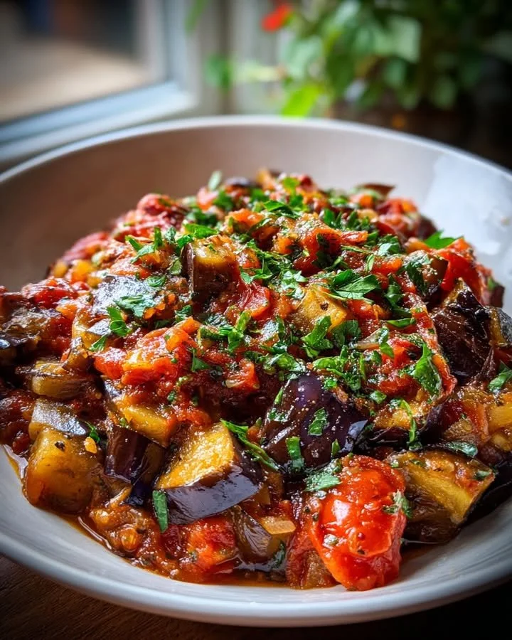 Delicious braised eggplant with tomatoes and garlic served in a bowl