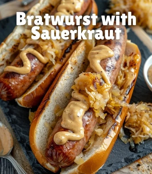 Grilled bratwurst with sauerkraut on a plate