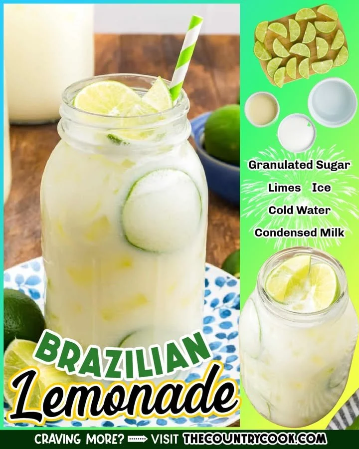 A glass of Brazilian Lemonade garnished with lime slices and a sprig of mint.