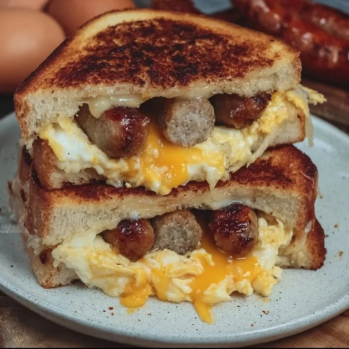 Breakfast grilled cheese sandwich with eggs and sausage on a plate