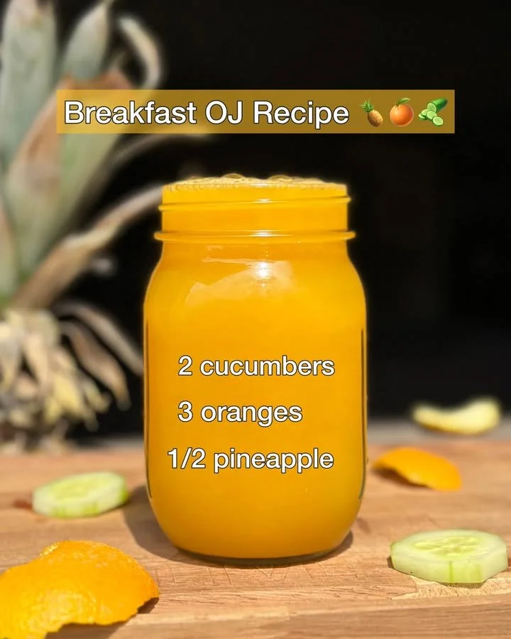 Freshly squeezed Breakfast OJ served in a glass with orange slices