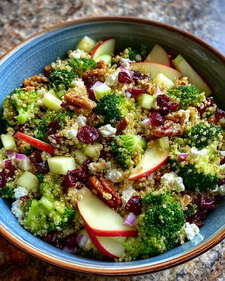 Delicious Broccoli Apple Quinoa Salad in a bowl garnished with fresh herbs