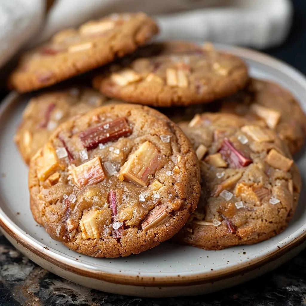 Freshly baked Brown Sugar Rhubarb Cookies on a plate