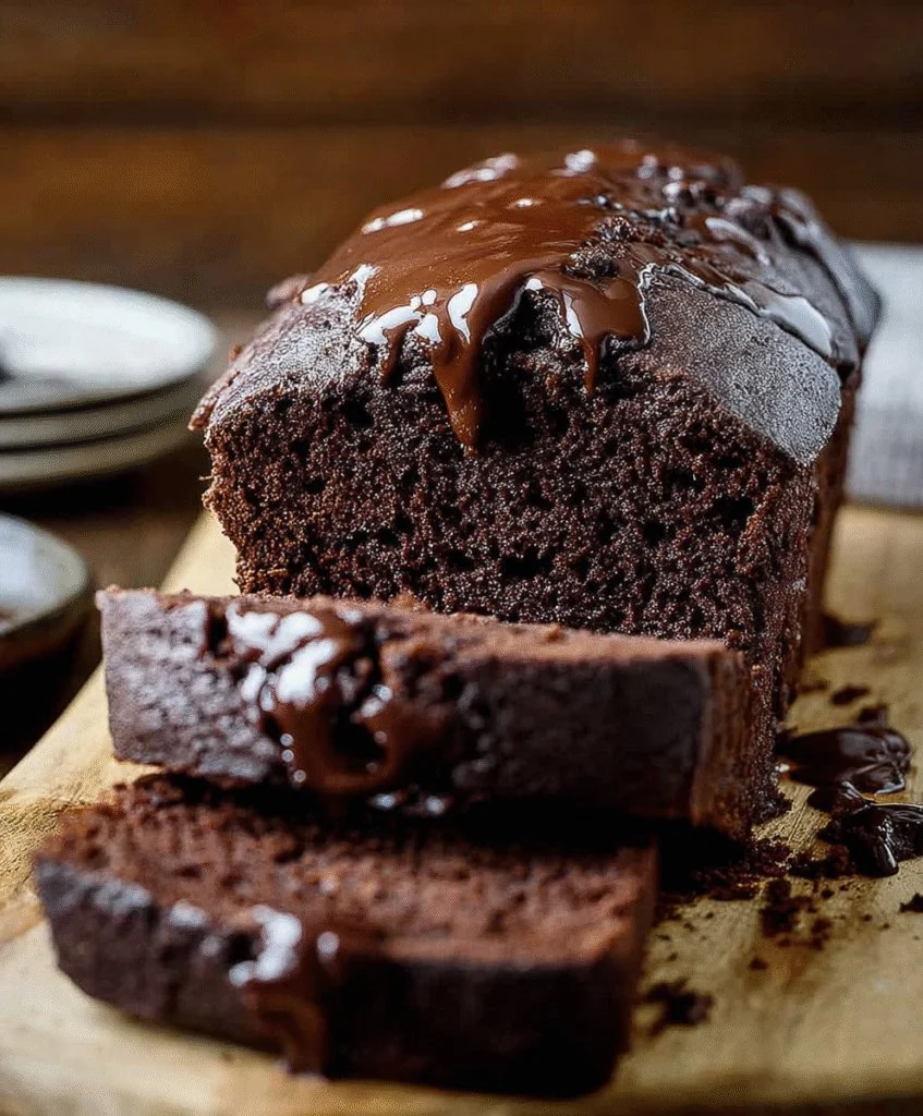 Decadent brownie bread sliced on a wooden board