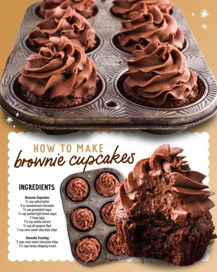 Delicious brownie cupcakes topped with chocolate frosting on a plate.