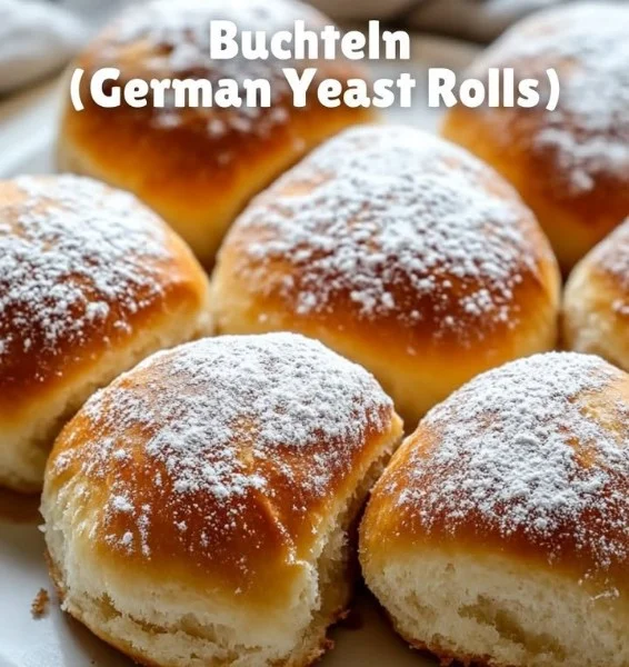 Freshly baked Buchteln, traditional German yeast rolls filled with fruit jam.