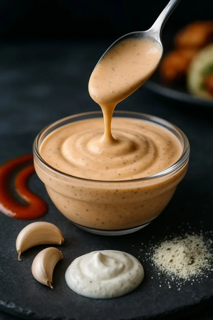 A bowl of creamy Buffalo Yogurt Sauce garnished with herbs.