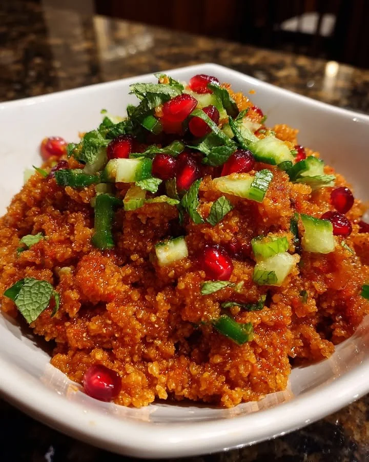 Bulgur wheat salad with fresh vegetables and herbs in a bowl