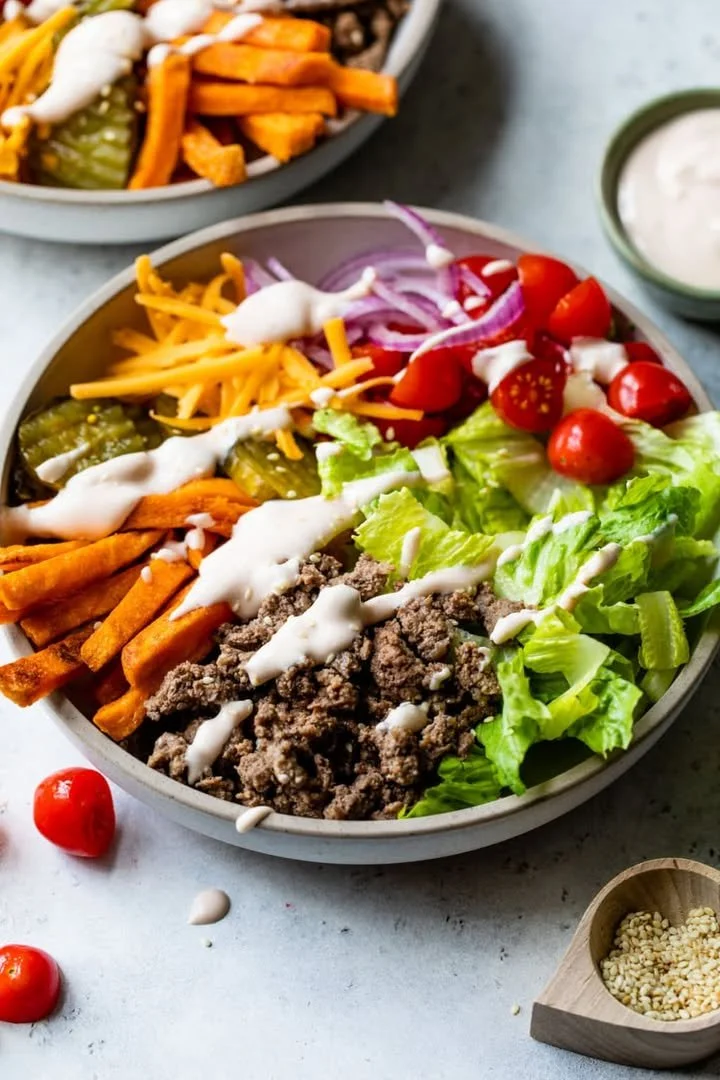 Colorful Burger Bowl with fresh ingredients and vibrant toppings