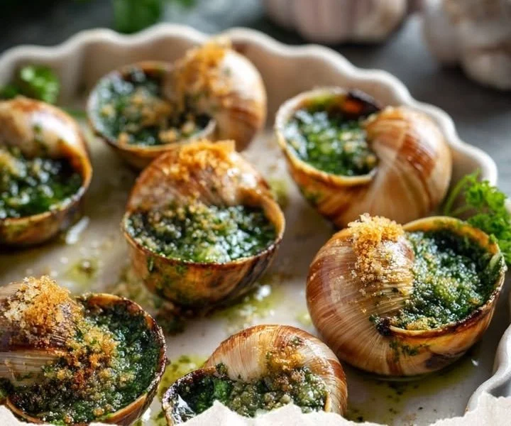 Burgundy Snails displayed in a gourmet culinary setting.