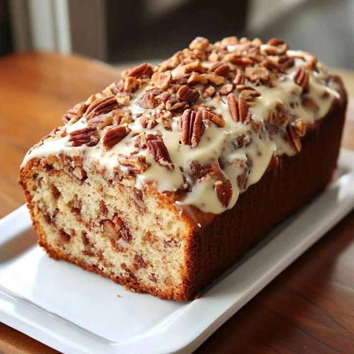 Delicious Butter Pecan Loaf with Cream Cheese Icing on a rustic wooden table