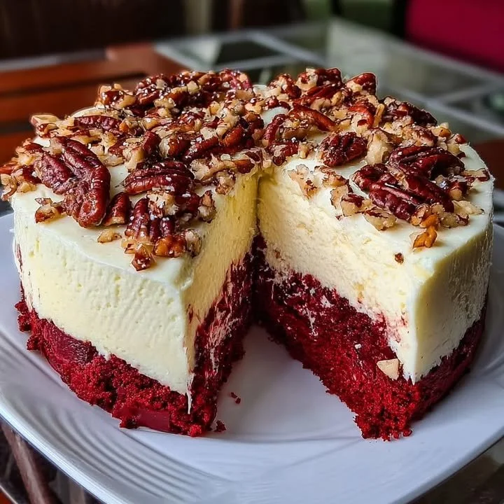 Butter Pecan Red Velvet Cheesecake with cream and pecans on top