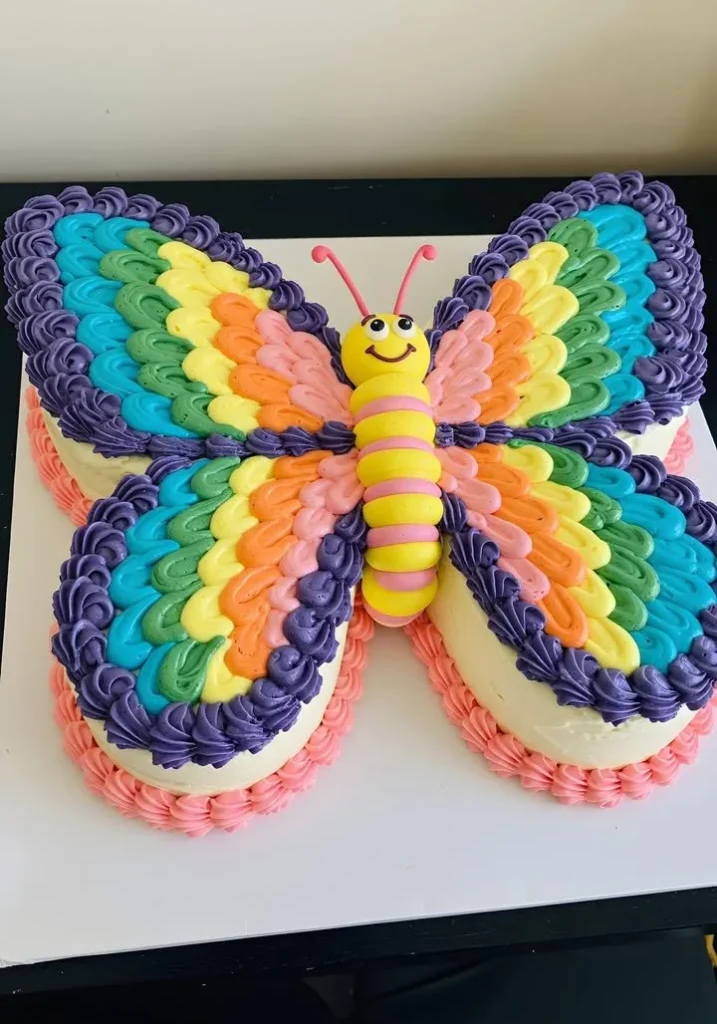 Deliciously colorful Butterfly Cake adorned with edible flowers and decorations.