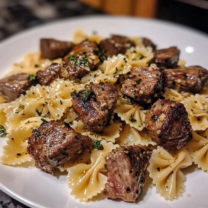 Buttery garlic steak bites served with creamy Cajun white cheddar farfalle pasta