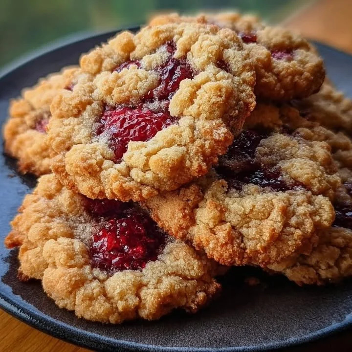 Buttery raspberry crumble cookies with a golden crumble topping