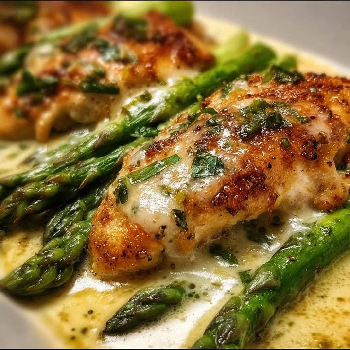 Caesar Chicken with Asparagus served on a plate garnished with fresh herbs