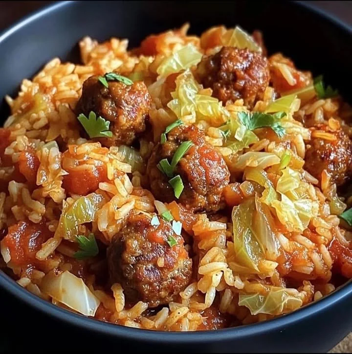 Bowl of Cajun Cabbage Jambalaya garnished with herbs and spices