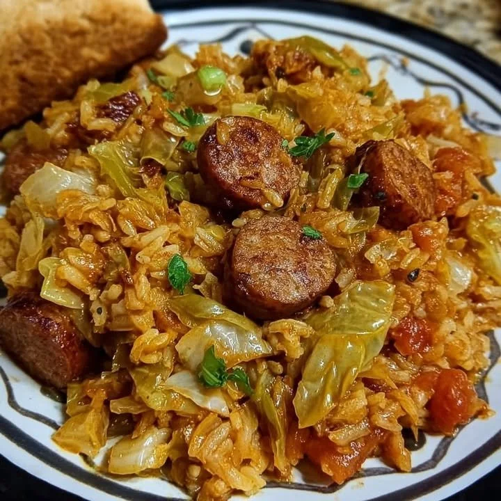 Cajun Cabbage Jambalaya with Sausage and Rice served in a colorful bowl