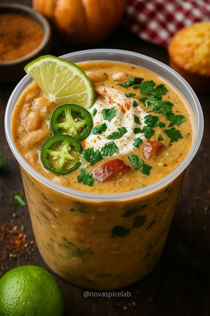A bowl of flavorful Cajun White Chicken Chili topped with herbs and spices.