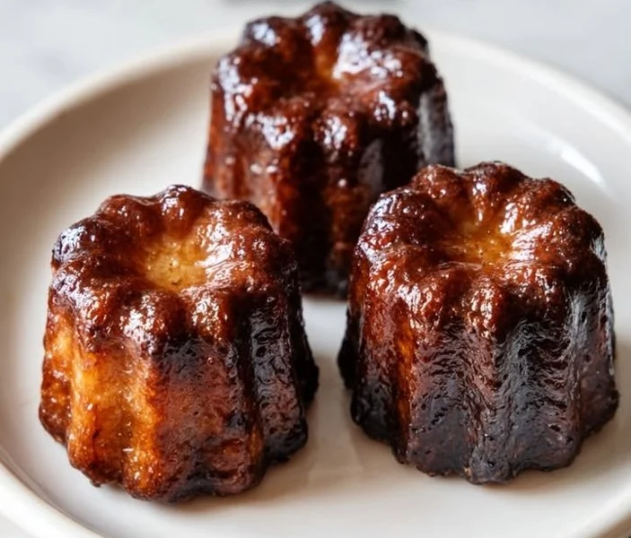 A freshly baked Canelé pastry with a golden-brown crust and soft interior.