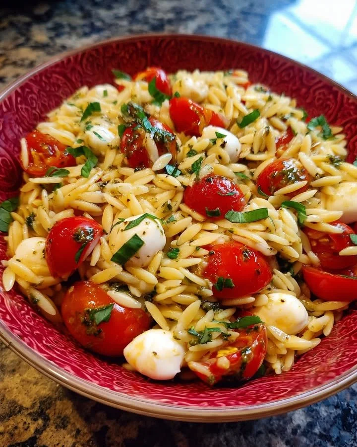Caprese Orzo Pasta Salad with Basil Pesto in a bowl topped with fresh basil.