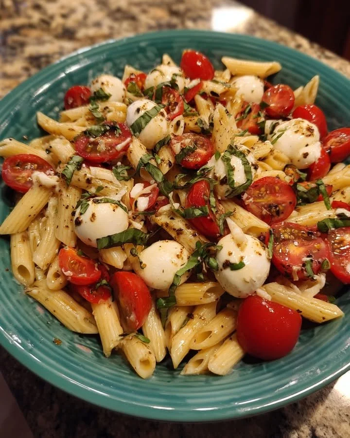 Delicious Caprese Pasta Salad with tomatoes, mozzarella, and basil on a plate
