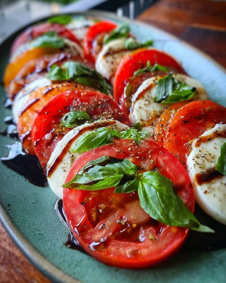 Fresh Caprese Salad with Balsamic Glaze featuring tomatoes, mozzarella, and basil.