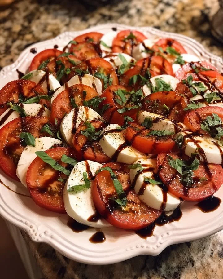 Delicious Caprese Salad with Balsamic Glaze on a white plate