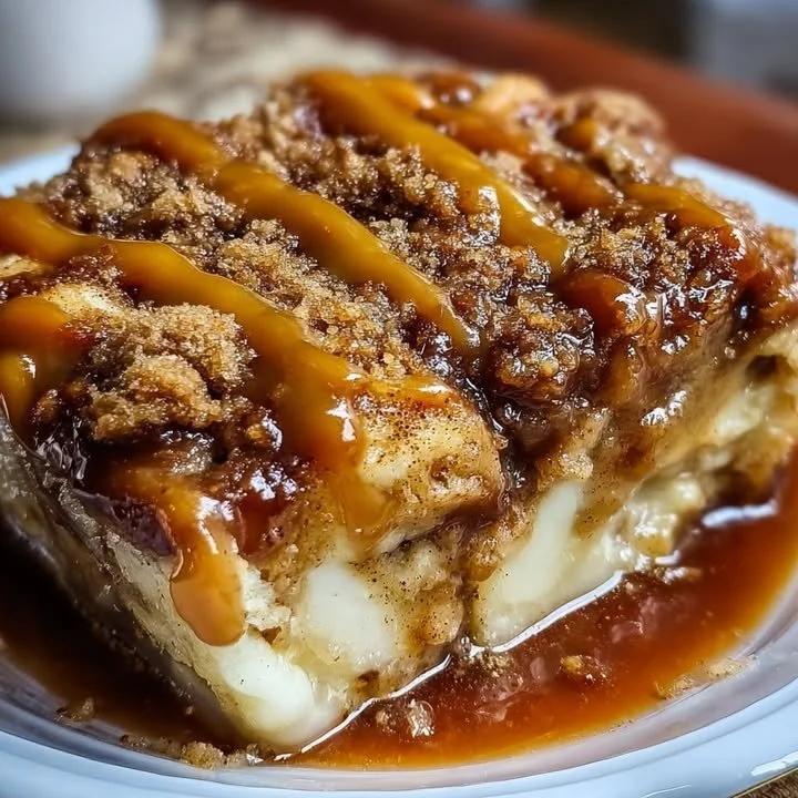 Delicious caramel apple cinnamon roll dump cake served on a plate