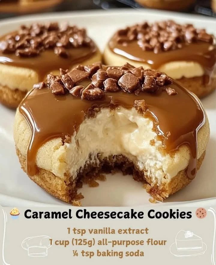 Delicious Caramel Cheesecake Cookies on a plate, showcasing their creamy texture and caramel drizzle.