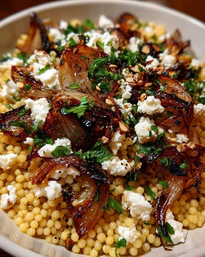 A vibrant bowl of caramelized shallot and herbed goat cheese couscous salad.