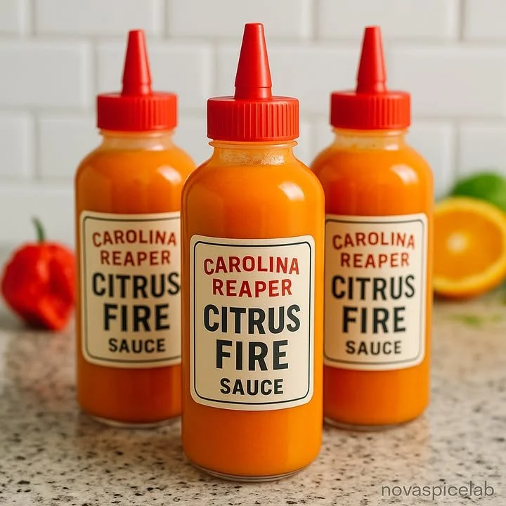 Carolina Reaper Citrus Fire Sauce bottle with fiery peppers and citrus fruits