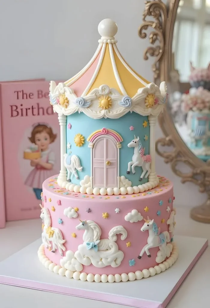 Carousel Unicorn Birthday Cake with vibrant colors and intricate decoration